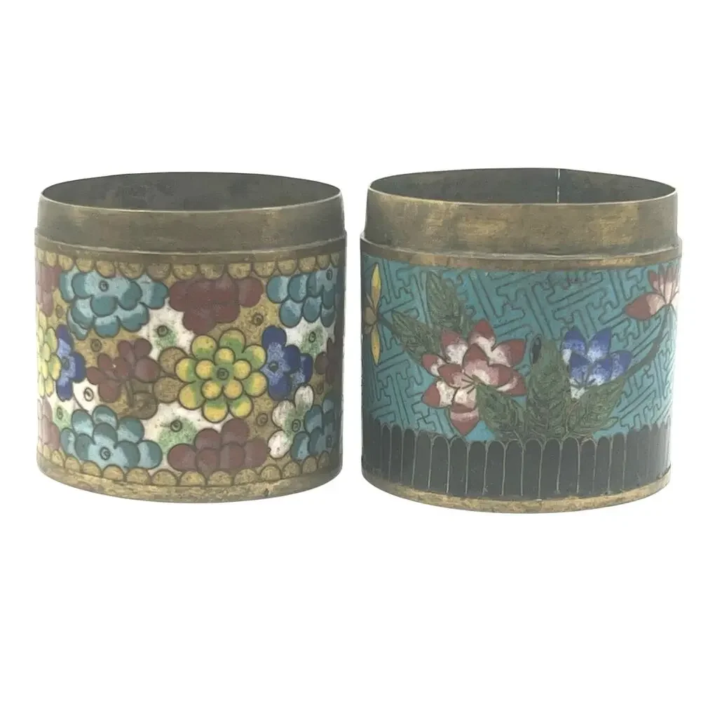 Pair of Antique Cloissone Enamel on Brass Floral Jars No Lids 19th Century